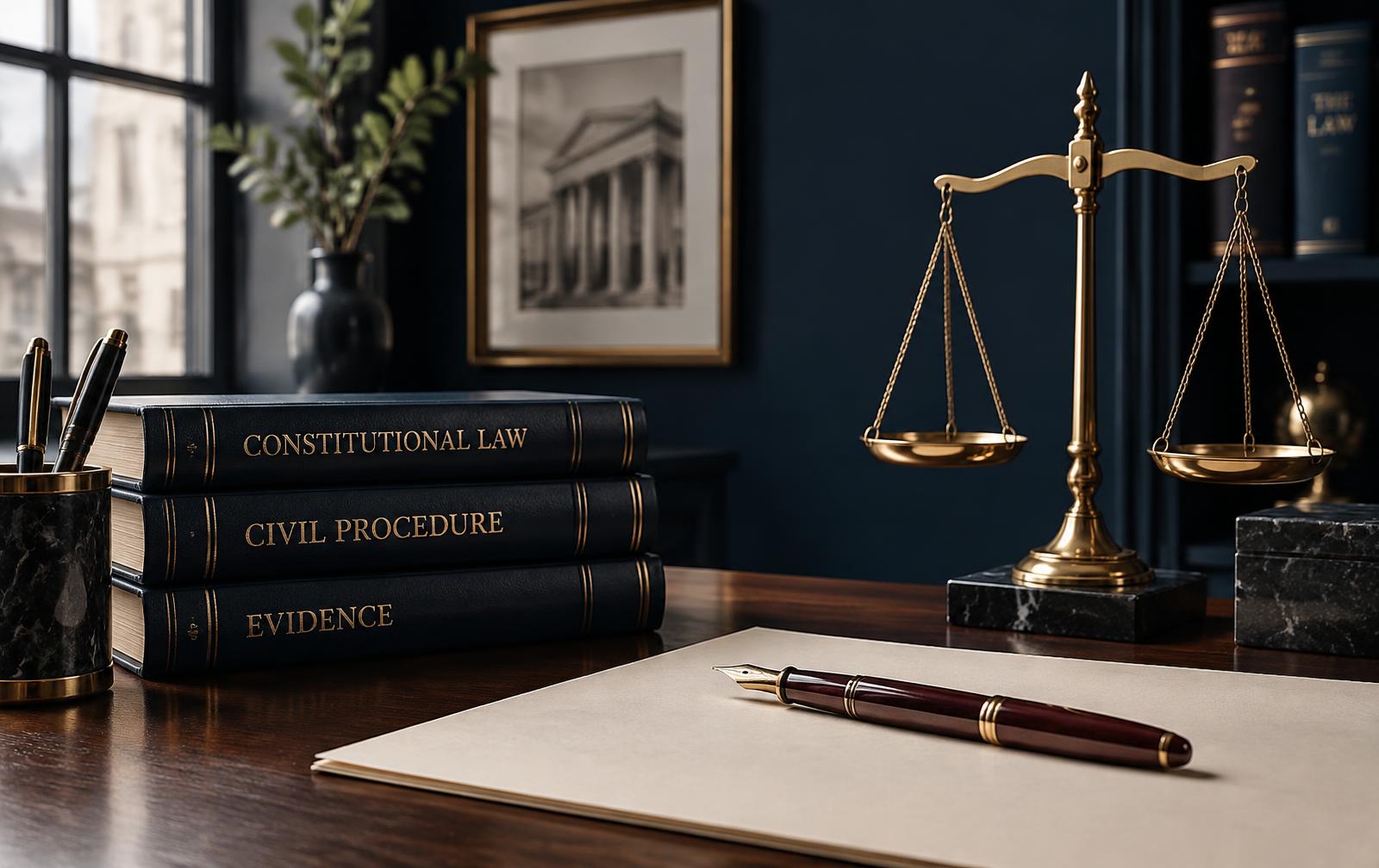 Escritorio de abogada con libros y balanza de la justicia